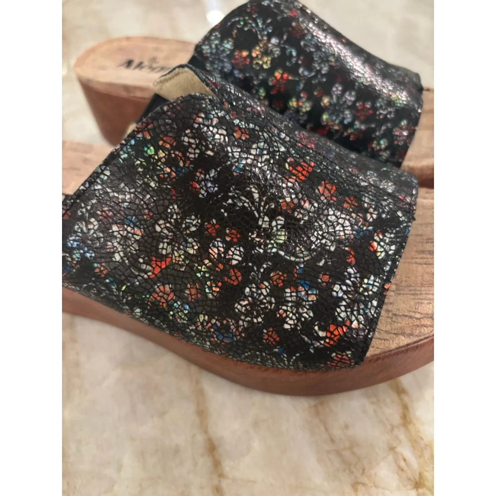 Women's Alegria Black Multicolor Floral Wedge Sandals Size 8 (EU 38)